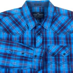 Cody James Mens Regular Fit Plaid Western Snap Front Shirt Blue Purple Large